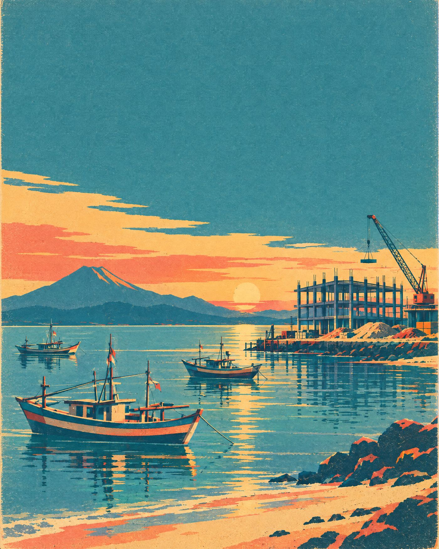 Screen-printed harbour at dawn, with a new building going up on the shore